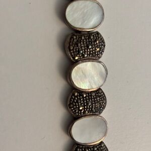 Vintage Marcasite and Mother of Pearl silver bracelet with push clasp - 7”